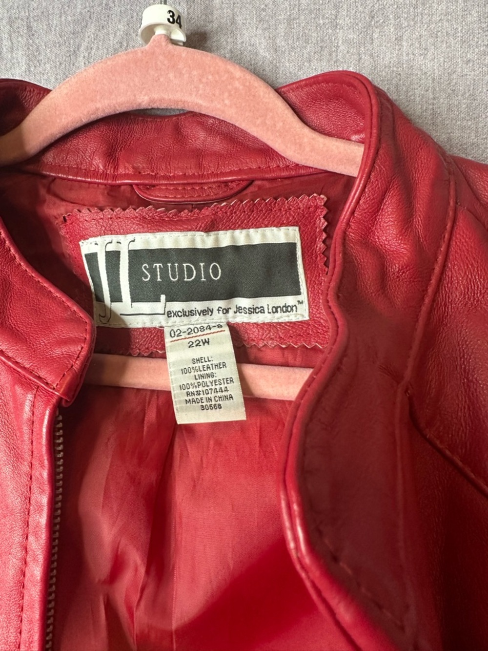 Jessica London Red Leather Moto Jacket with Stand Collar